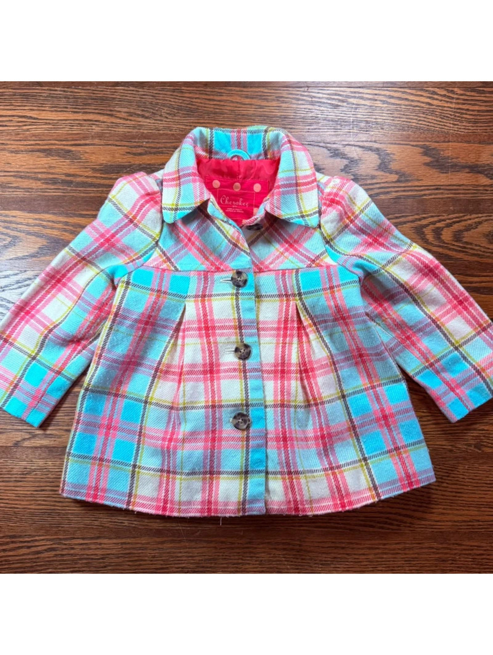 Cherokee Girls Plaid Jacket/Pea Coat Pink And Blue Full Button Red Lining Sz 2T